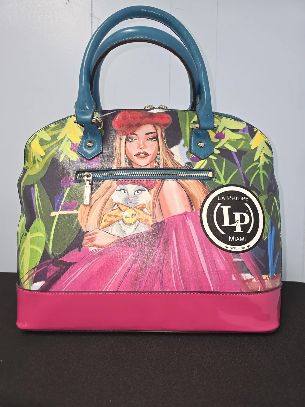 La Philipe Miami Floral Illustration Dome Satchel - Pink/Teal